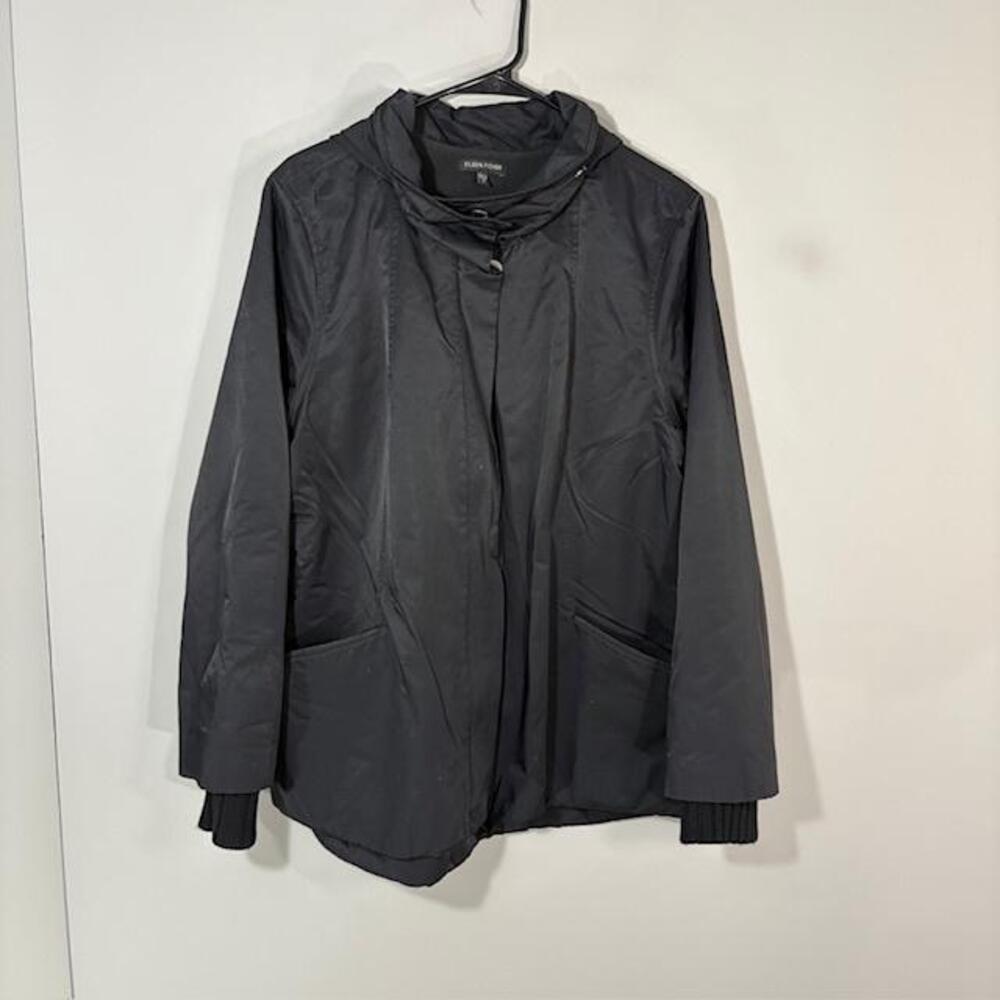 Eileen Fisher Coat Womens XL Black Cotton Blend Hooded Anorak Full Zip Lined